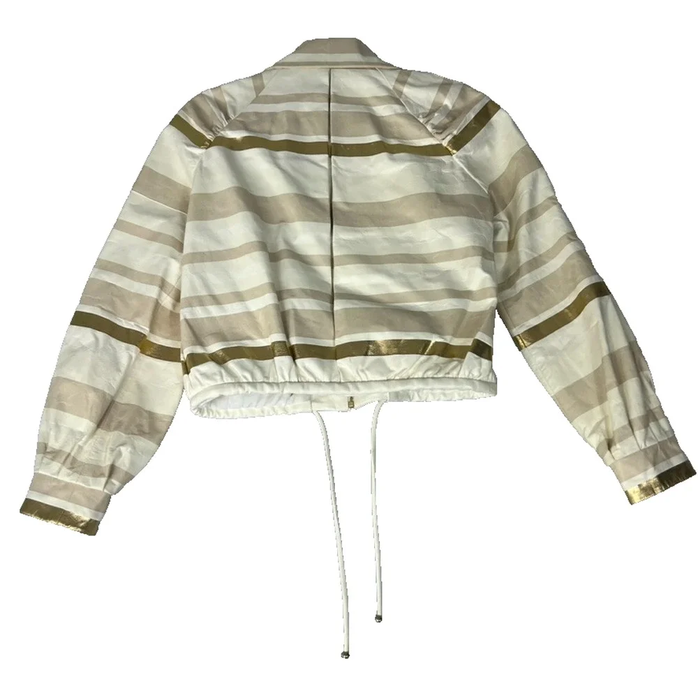 Chanel Lambskin Leather Jacket Women's Size 36 Beige & Gold Stripe Detail Zip